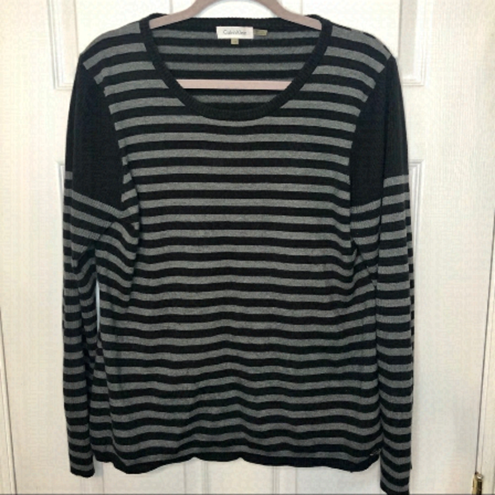 CALVIN Klein Striped Grey & Black Pullover Sweater large
